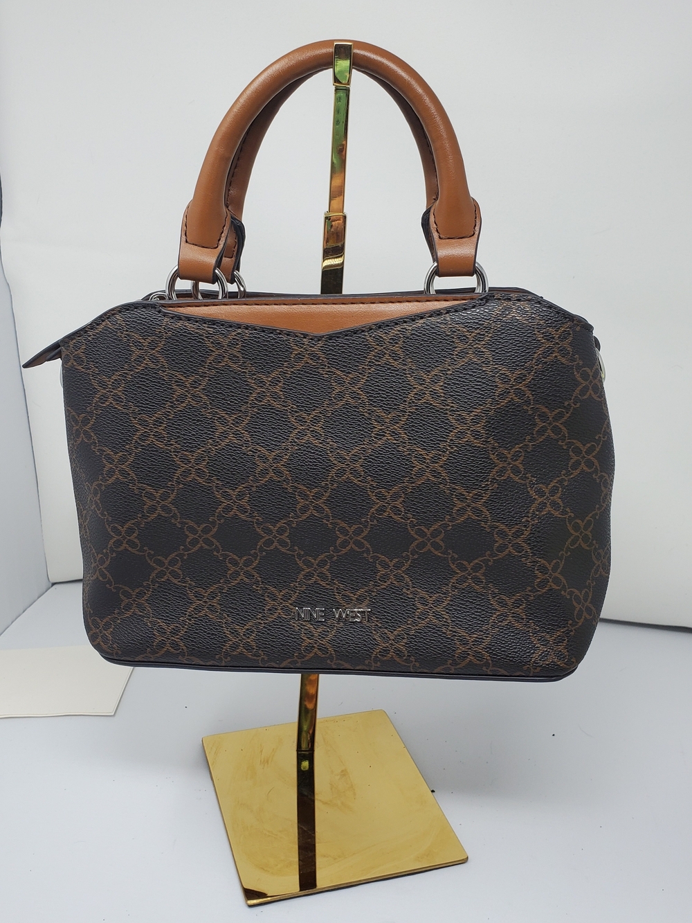 Nine West Chestnut Brown Monogram Satchel with Tan Handles